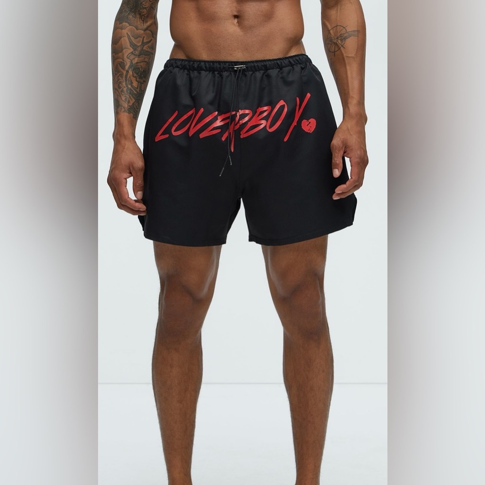 Black Swim Shorts with Red 'LOVERBOY' Print